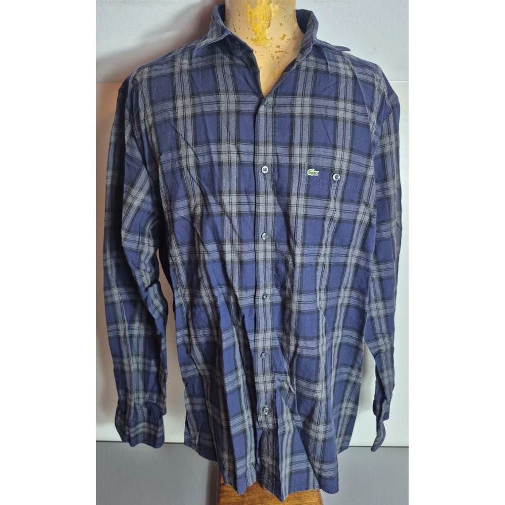 Lacoste Mens Slim Fit Button-Up Shirt XL Gray Black Blue Plaid EUR 45